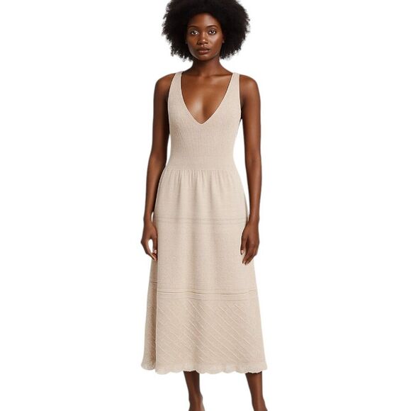 La Vie Medium Beige Cotton Knit Midi Dress RTR Ribbed Bodice Scallop Hem Party - Picture 1 of 16